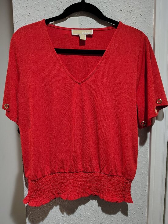 Michael Kors Tops - Michael Kors Vibrant Red Smocked-Hem Blouse